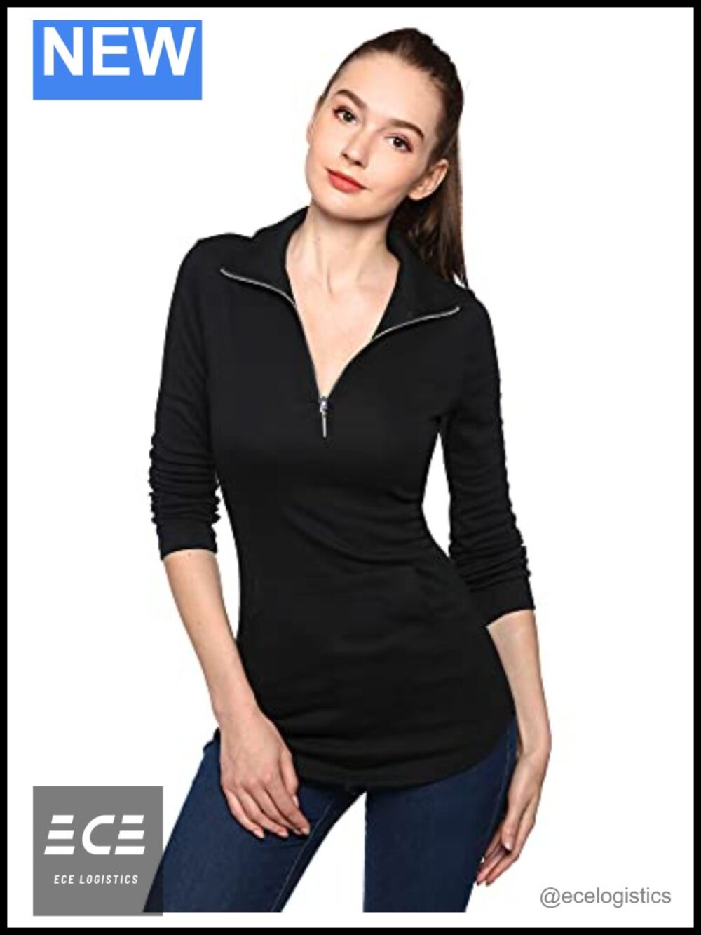 Women's Quarter Zip Tunic Top Kangaroo Pocket Curve Hem Slim Fit Casual
